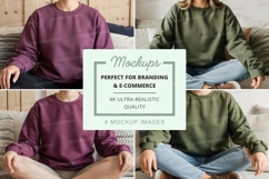 Sweatshirt mockup featuring two models in purple and green Product Image 1