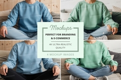 Four-person sweatshirt mockup in blue and green Product Image 1