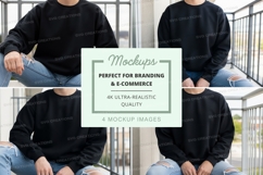 Black crew neck sweatshirt mockup on balcony Product Image 1