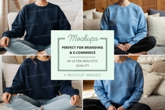 Sweatshirt mockup - crew neck, blue and navy, four models Product Image 1