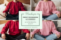 Four-person sweatshirt mockup in red and pink Product Image 1
