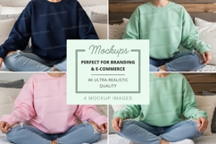 Mockup of four individuals wearing crew neck sweatshirts in Product Image 1