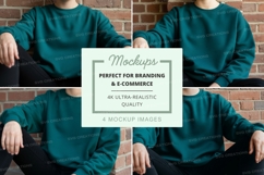 Teal sweatshirt mockup on model sitting against brick wall Product Image 1
