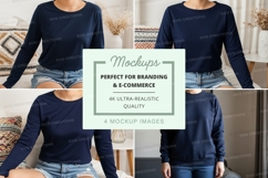 Long sleeve t-shirt mockup in navy blue Product Image 1
