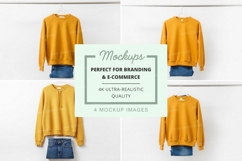 Mockup: mustard yellow sweaters with denim skirts Product Image 1