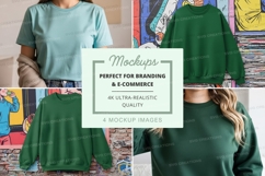 Mockup of green crew neck sweatshirts and light blue t-shirt Product Image 1