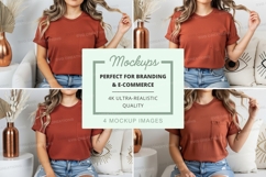 Woman wearing rust red pocket t-shirt mockup Product Image 1