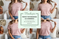 Woman wearing pink t-shirt mockup in four different poses Product Image 1