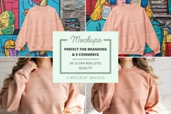 Pink crew neck sweatshirt mockup with bookshelf background Product Image 1