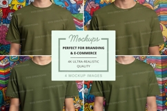 Mockup of four olive green t-shirts with colorful background Product Image 1