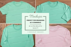 T-shirt mockup set featuring four shirts on wooden backgroun Product Image 1