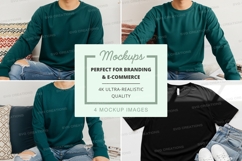 Long sleeve t-shirt mockup in teal and black Product Image 1