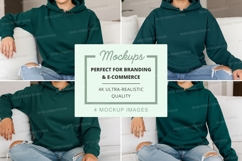 Hoodie mockup in dark green with model sitting on steps Product Image 1