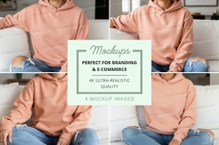 Hoodie mockup on model sitting on couch Product Image 1