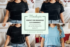 T-shirt mockup with model wearing black and light blue shirt Product Image 1