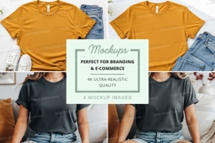 T-shirt mockup with two models wearing mustard and black t-s Product Image 1