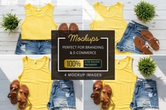 Mockup: summer outfit with yellow tank top and denim shorts Product Image 1