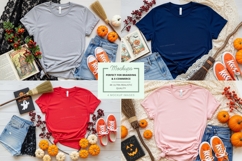 Flat lay mockup of four t-shirts with halloween decorations Product Image 1