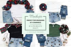 Flat lay outfit mockup with plaid scarf and denim Product Image 1