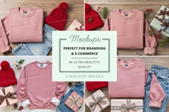 Pink sweatshirt mockup with red beanie and gift boxes Product Image 1