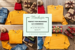 Flat lay mockup of yellow sweaters, red beanies, and gift pa Product Image 1