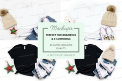 Flat lay mockup of black t-shirt, beanie, jeans, and sneaker Product Image 1