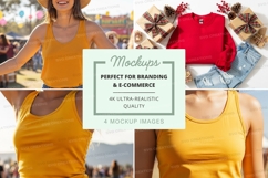 Yellow tank top mockup with holiday sweater and denim jeans Product Image 1