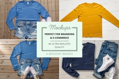 Flat lay mockup of long sleeve t-shirts and casual outfits Product Image 1