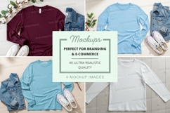 Flat lay mockup of long sleeve t-shirts with denim and sneak Product Image 1