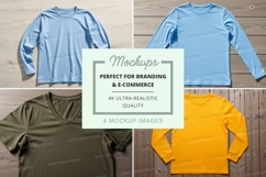 Four long sleeve t-shirt mockups on wooden background Product Image 1