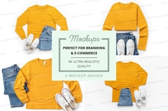 Mustard yellow long sleeve t-shirt mockup with denim jeans a Product Image 1