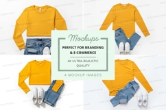 Mockup of yellow long sleeve crop top with jeans and sneaker Product Image 1