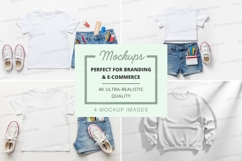 Kids' clothing mockup - white t-shirt, denim shorts, and whi Product Image 1