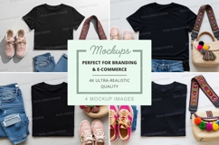 Flat lay mockup of black t-shirts with accessories Product Image 1