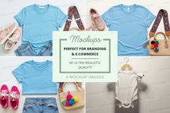 Flat lay mockup featuring t-shirts, baby onesie, and accesso Product Image 1