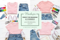 Pink crop top mockup with denim shorts and art supplies Product Image 1