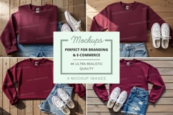 Maroon sweatshirt mockup with denim shorts and white sneaker Product Image 1