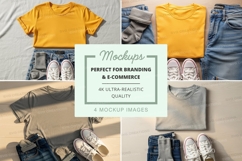 Flat lay mockup of yellow and gray t-shirts with accessories Product Image 1