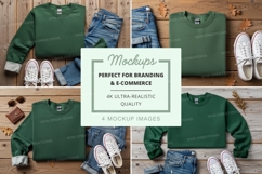 Flat lay mockup of green sweatshirts with blue jeans and whi Product Image 1