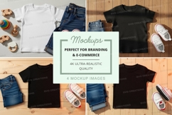 Flat lay mockup of t-shirts and jeans with toys and shoes Product Image 1
