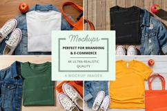 Flat lay mockup featuring t-shirts, tote bags, denim jackets Product Image 1