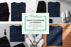 Flat lay mockup of navy blue t-shirts, black sweatpants, and Product Image 1