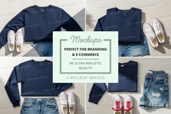 Flat lay mockup of navy blue sweatshirts with jeans and snea Product Image 1