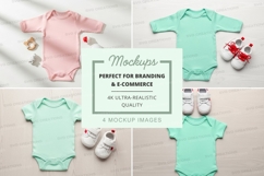 Four baby onesies mockup with shoes Product Image 1