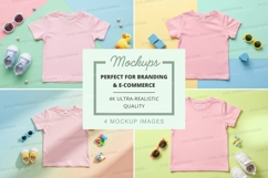 Set of four baby pink t-shirt mockups with toys Product Image 1