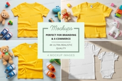 Mockup of yellow and white baby clothing with toys Product Image 1
