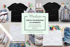 Flat lay mockup featuring t-shirts, backpacks, and school su Product Image 1