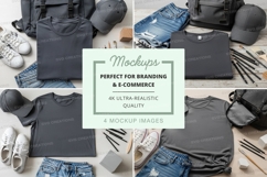 Flat lay mockup of gray t-shirts, jeans, sneakers, and acces Product Image 1