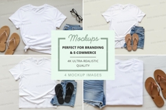 White t-shirt mockup with denim shorts and sandals Product Image 1