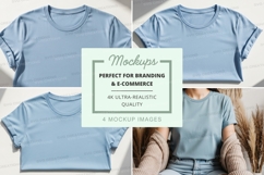 Light blue women's crop top mockup on hanger and model Product Image 1
